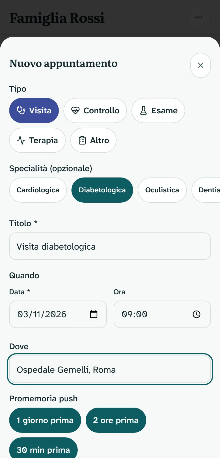 Nuovo appuntamento: visita diabetologica all'Ospedale Gemelli di Roma, con promemoria push 1 giorno, 2 ore e 30 minuti prima