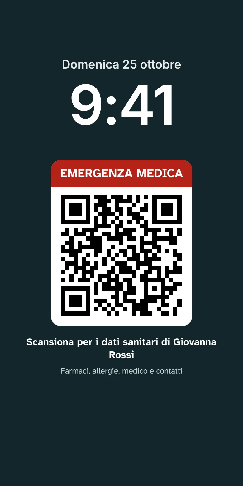 Schermo bloccato di un telefono con lo sfondo di FamigliaCare: scritta Emergenza medica e il QR per leggere i dati sanitari di Giovanna Rossi