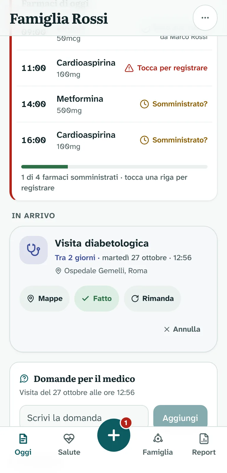 Farmaci di oggi di Giovanna: dose delle 9 data da Marco, dose delle 11 in ritardo, prossime dosi del pomeriggio e la visita in arrivo