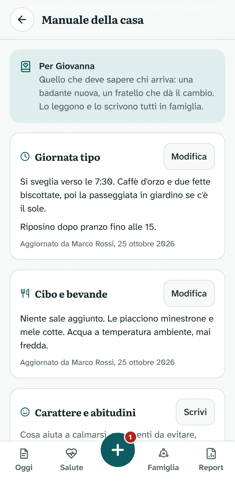 Manuale della casa di Giovanna: giornata tipo con sveglia, colazione e riposino, cibo e bevande senza sale aggiunto