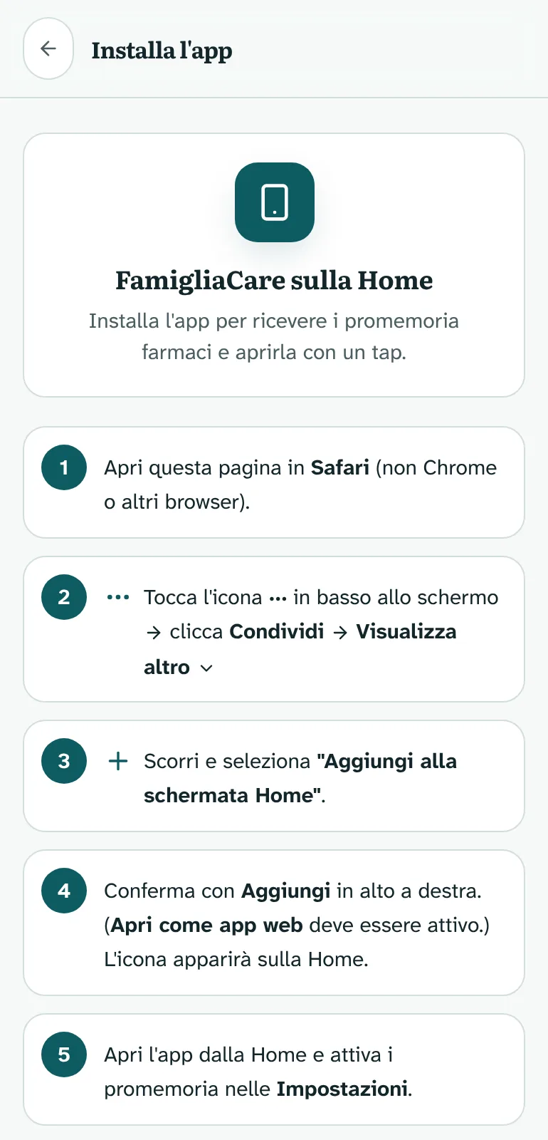 Guida passo passo per installare FamigliaCare sulla schermata Home dell'iPhone e ricevere i promemoria