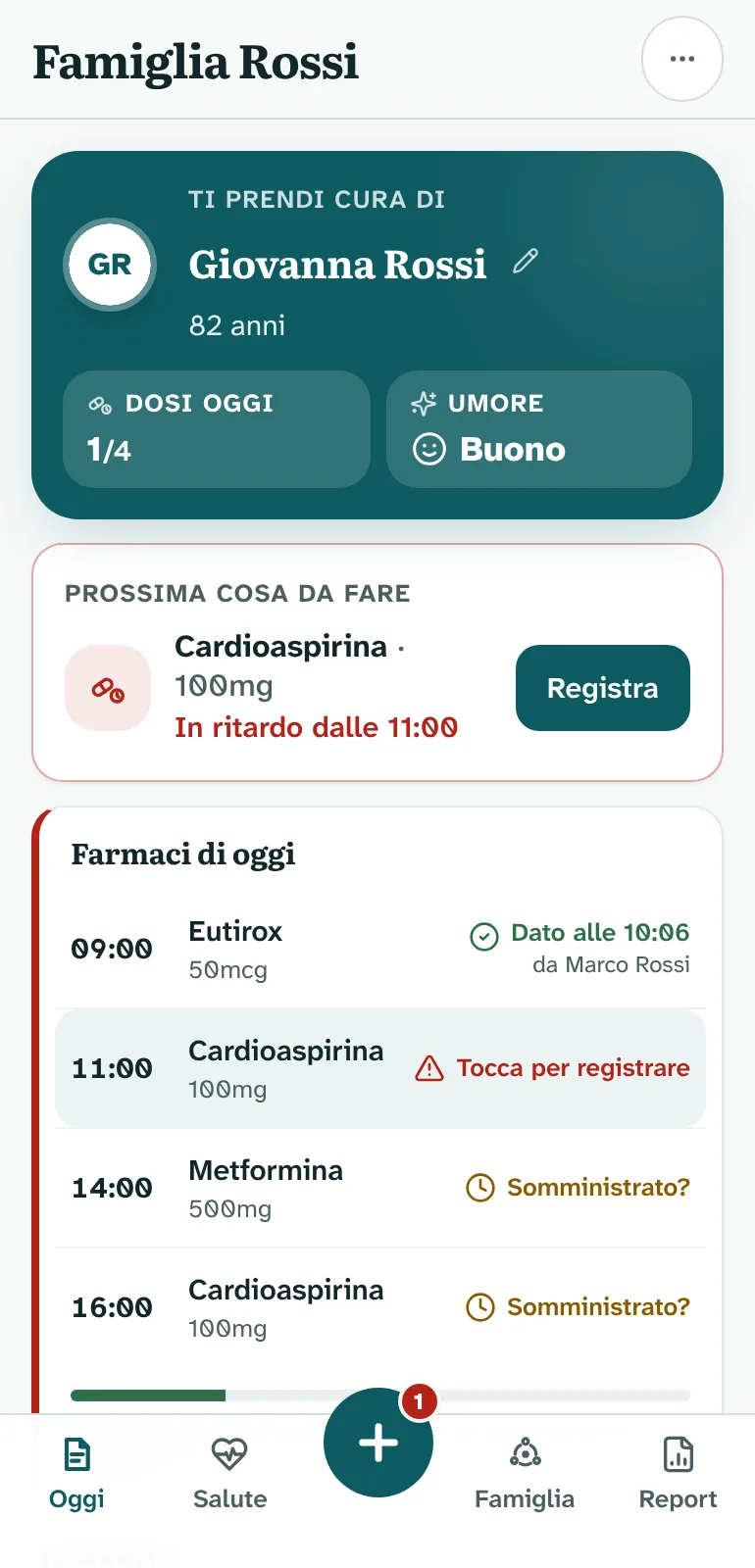 Schermata principale di FamigliaCare: Giovanna Rossi, 82 anni, con le dosi di oggi, l'umore e la prossima cosa da fare
